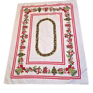 Vintage Christmas Tablecloth Red Green White Ornaments Garland Holly Bells 52x66